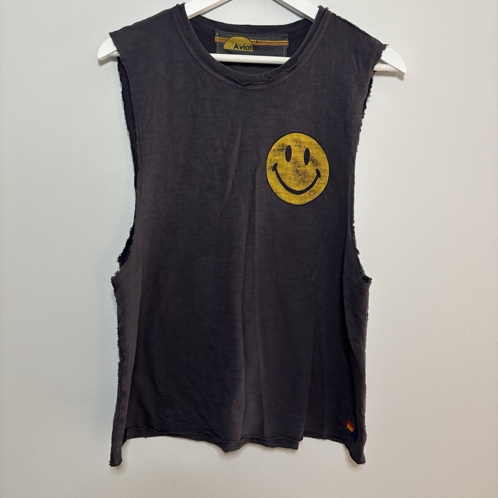 Aviator Nation Smiley Face Sleeveless Distressed Tank Top Womens Large Dark Gray